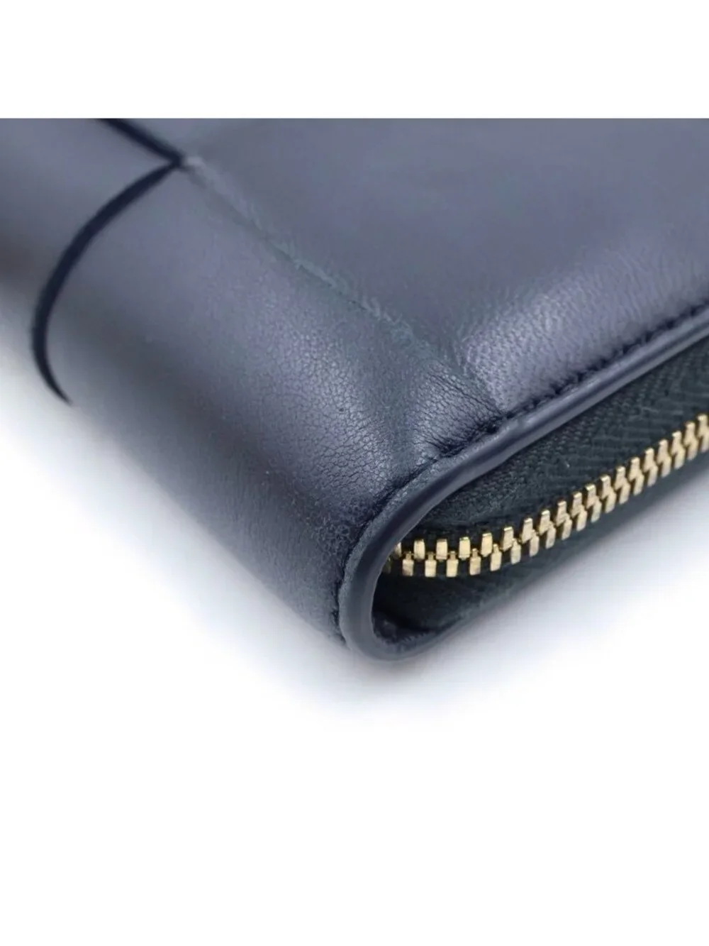 Bottega Veneta Maxi Intrecciato Round Zip Wallet Card Case Navy Leather Gold
